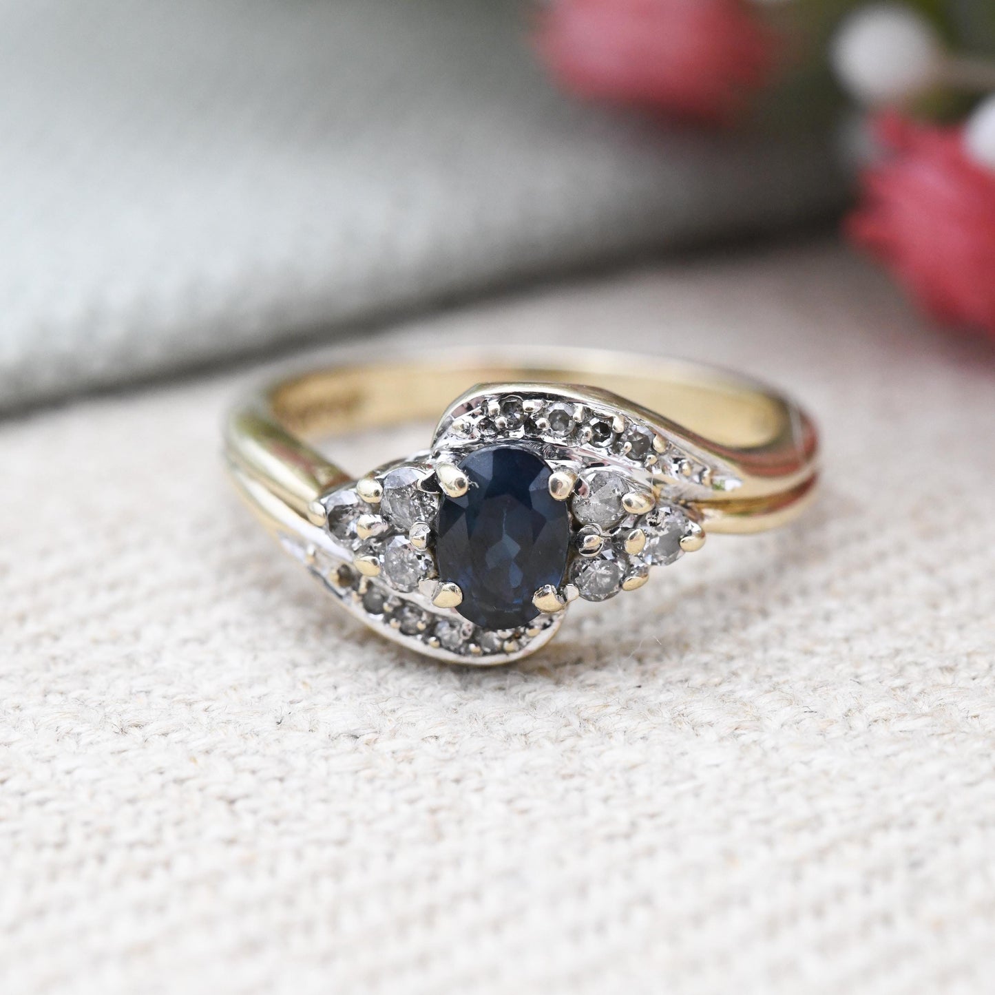 Vintage 9ct Gold Diamond Sapphire Cluster Ring 1993 - Statement Cocktail Deep Blue Engagement Ring Gift | UK Size - M 1/2 | US Size - 6 1/2