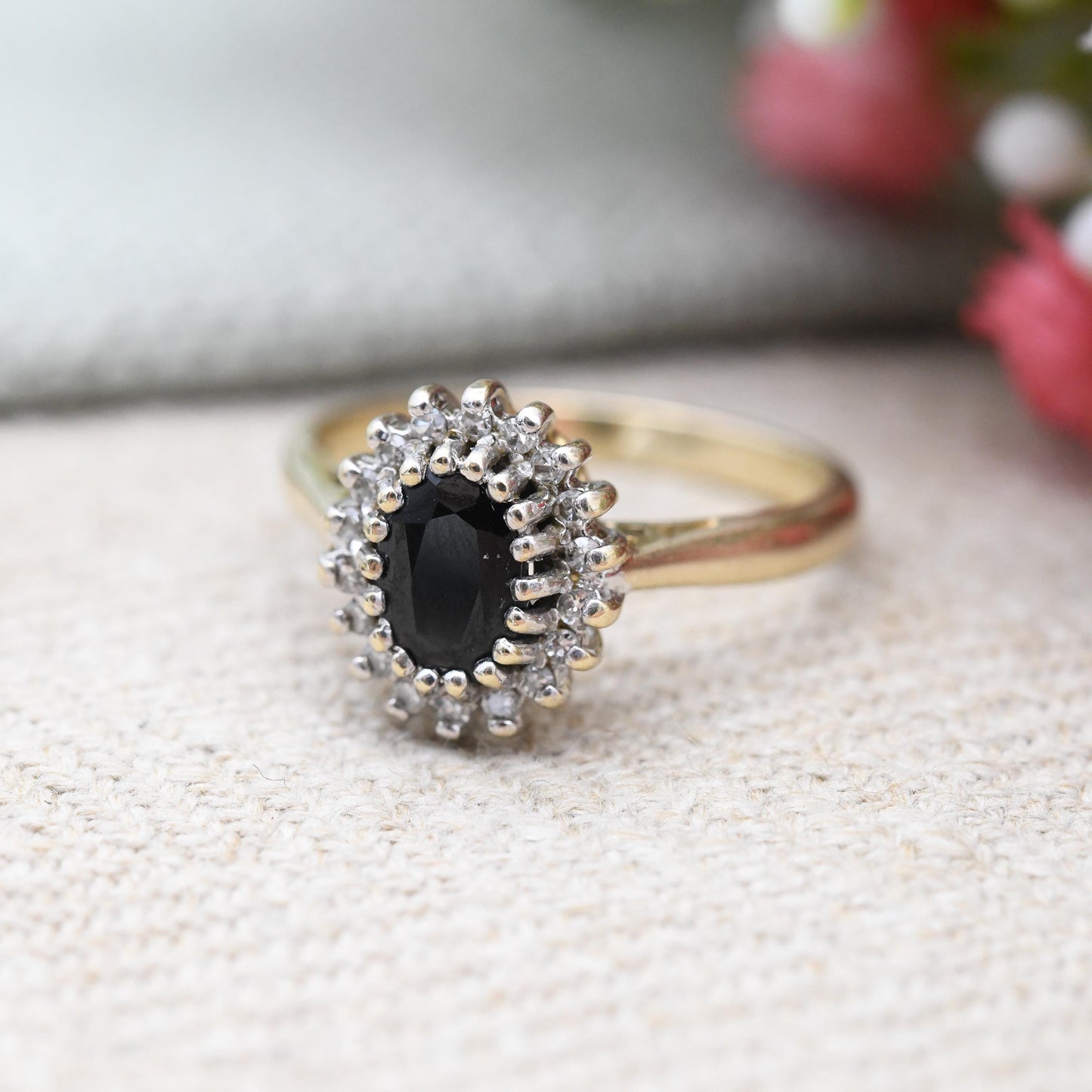 Vintage 9ct Gold Sapphire and Diamond Halo Ring 1994 - Vintage Cocktail Statement Ring | Gift for Her | UK Size - N | US Size - 6 3/4