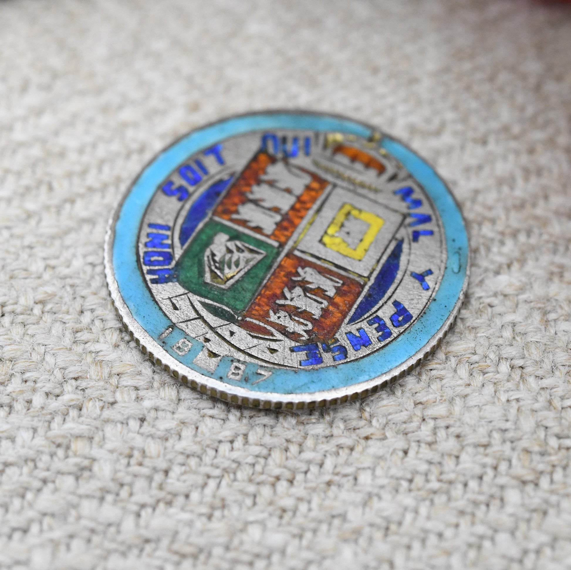 Antique Enamelled Sterling Silver 1887 Victoria Sixpence Coin - Colourful Enamel Coin Jewellery Honi Soit Qui Mal Y Pense Shield Design Coin