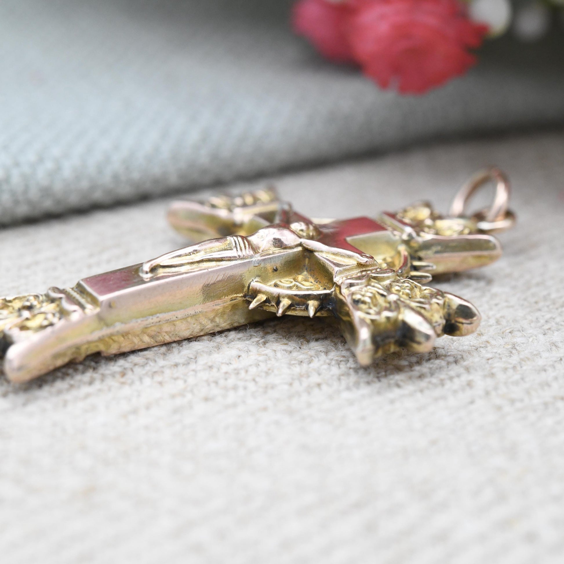 Antique 9ct Gold Jesus on the Cross Pendant Ornate Design - Christening Baptism Gift | Victorian Antique Rose Gold | Large 3D Puffed Design