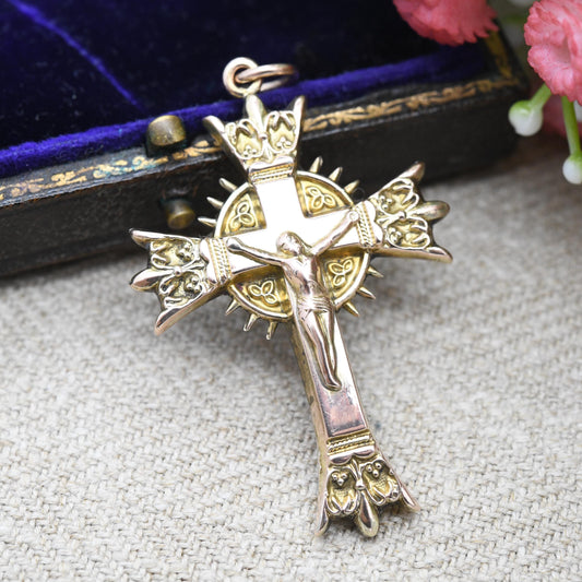 Antique 9ct Gold Jesus on the Cross Pendant Ornate Design - Christening Baptism Gift | Victorian Antique Rose Gold | Large 3D Puffed Design