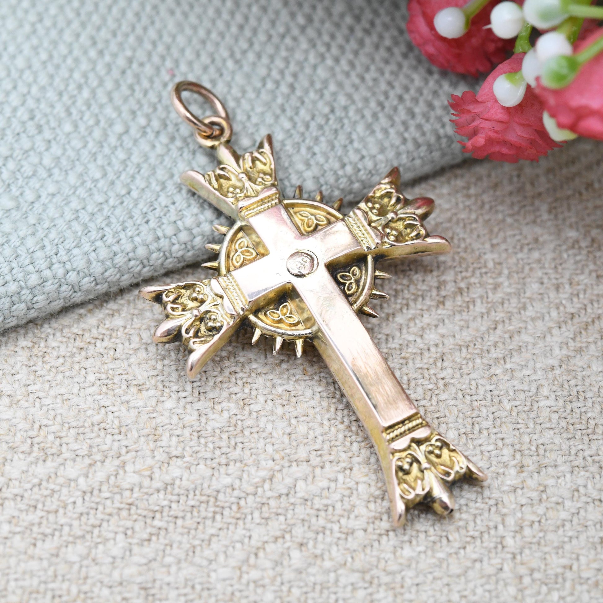 Antique 9ct Gold Jesus on the Cross Pendant Ornate Design - Christening Baptism Gift | Victorian Antique Rose Gold | Large 3D Puffed Design