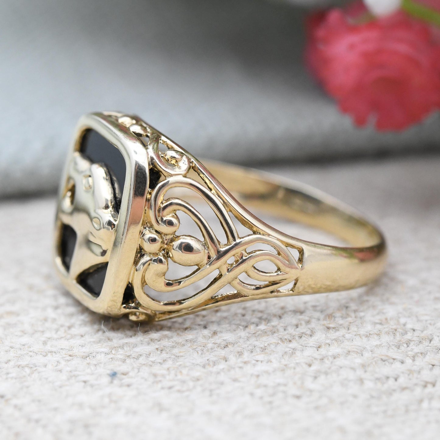 Vintage 9ct Gold Onyx Panther Head Signet Ring - Mid-Century Animal Ring Jaguar Tiger | Gift for Boyfriend | UK Size - R | US Size - 8 3/4