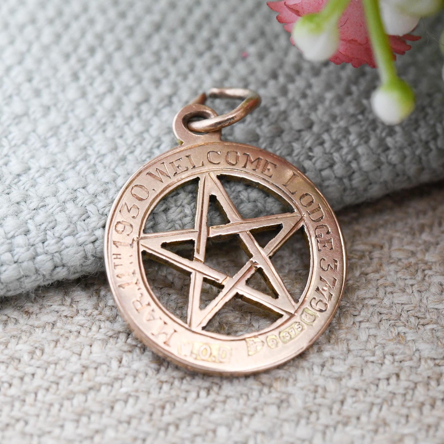 Vintage 9ct Gold Masonic Medal Pendant 1930 Welcome Lodge 3779 - Rose Gold Pentagram Fob Freemasons Sheffield Lodge by William Oakley Davies