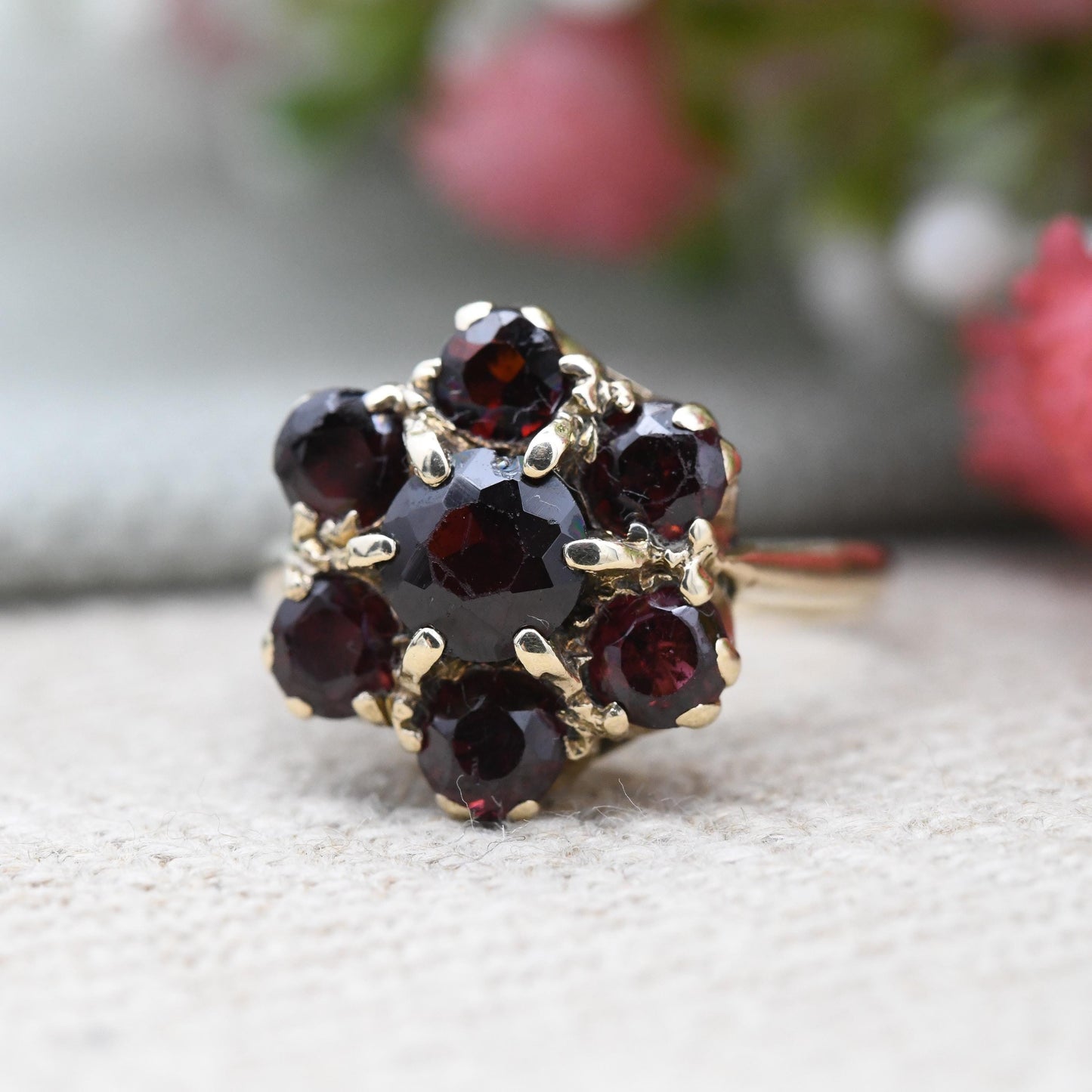 Vintage 9ct Gold Garnet Flower Ring 1966 - Mid-Century Edwardian Style Cocktail Large Stones Pretty Gift | UK Size - L | US Size - 5 3/4