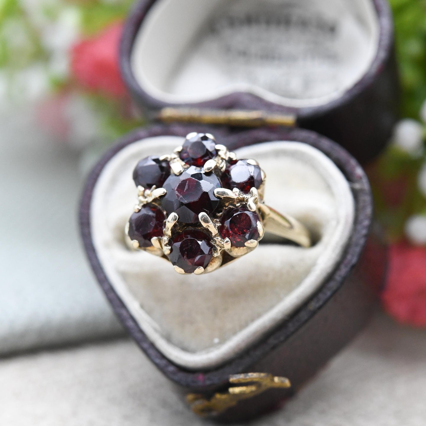 Vintage 9ct Gold Garnet Flower Ring 1966 - Mid-Century Edwardian Style Cocktail Large Stones Pretty Gift | UK Size - L | US Size - 5 3/4