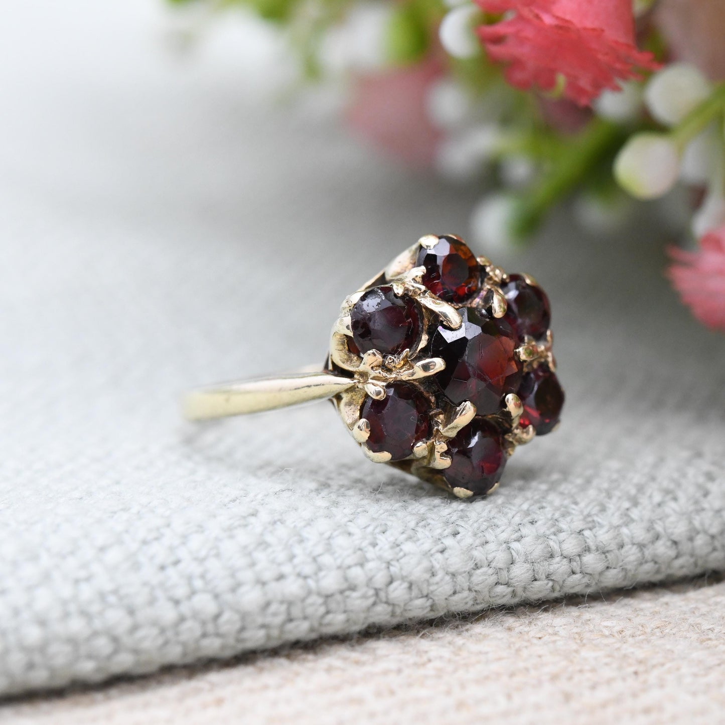 Vintage 9ct Gold Garnet Flower Ring 1966 - Mid-Century Edwardian Style Cocktail Large Stones Pretty Gift | UK Size - L | US Size - 5 3/4