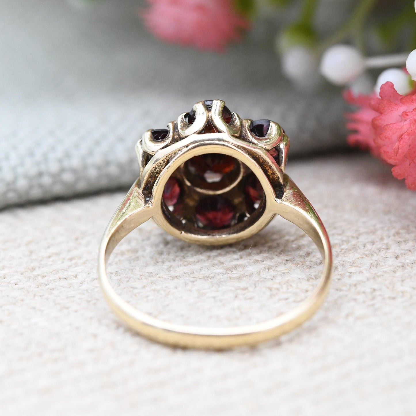 Vintage 9ct Gold Garnet Flower Ring 1966 - Mid-Century Edwardian Style Cocktail Large Stones Pretty Gift | UK Size - L | US Size - 5 3/4