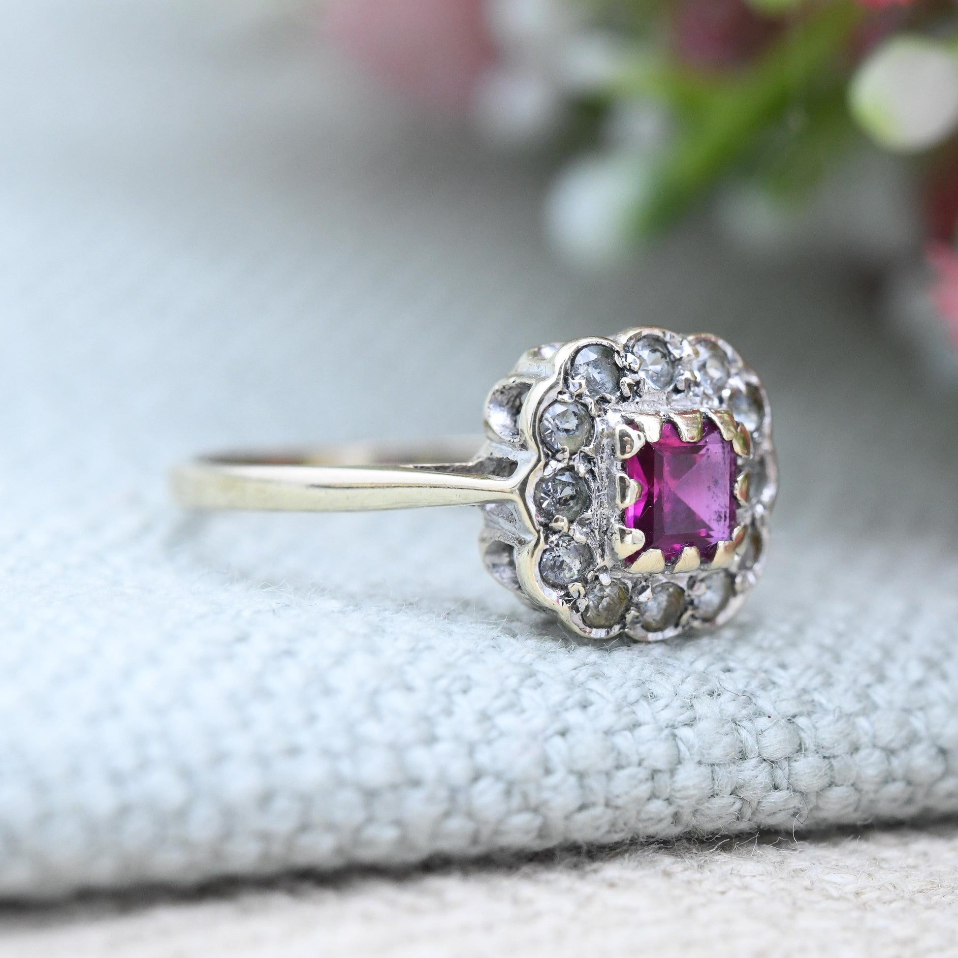 Vintage 9ct Gold Ruby Square Halo Ring 1969 with Clear Stone Cluster - Pretty Gold Jewellery Gift for Her | UK Size - K 1/2 US Size - 5 1/2