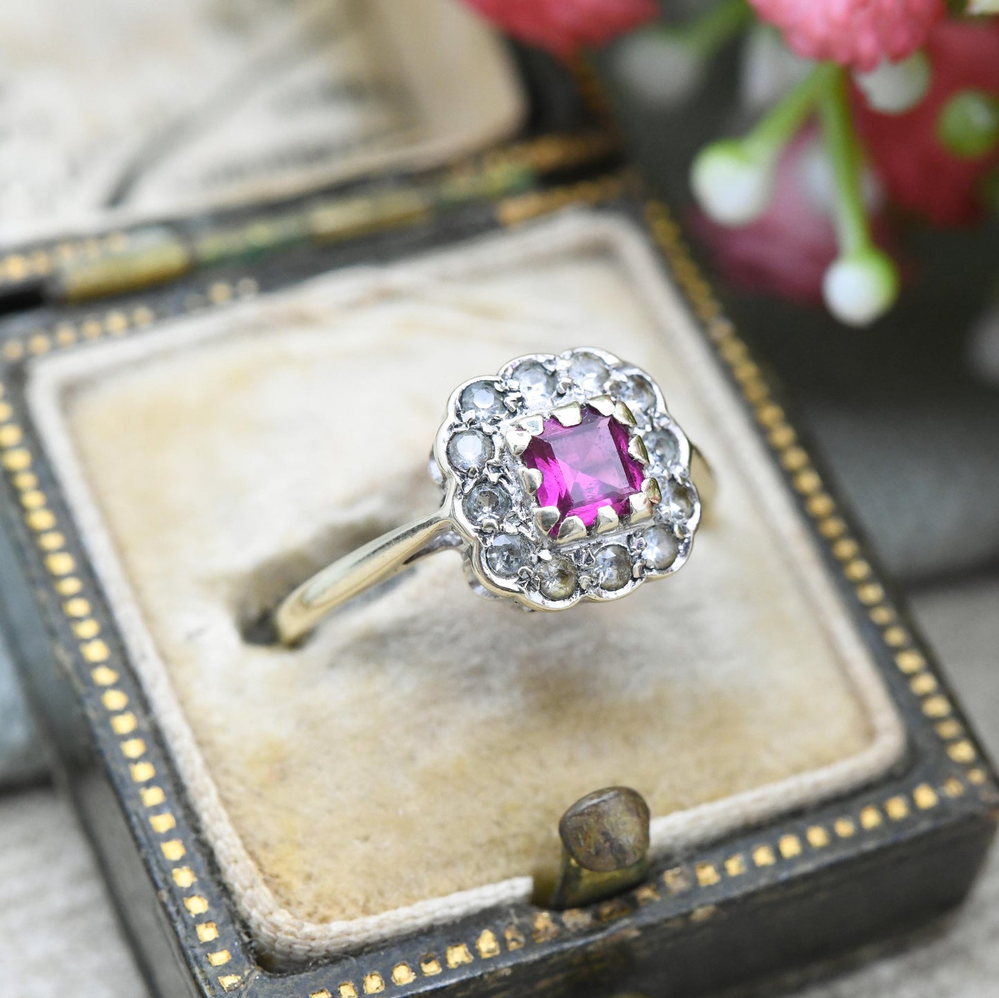 Vintage 9ct Gold Ruby Square Halo Ring 1969 with Clear Stone Cluster - Pretty Gold Jewellery Gift for Her | UK Size - K 1/2 US Size - 5 1/2