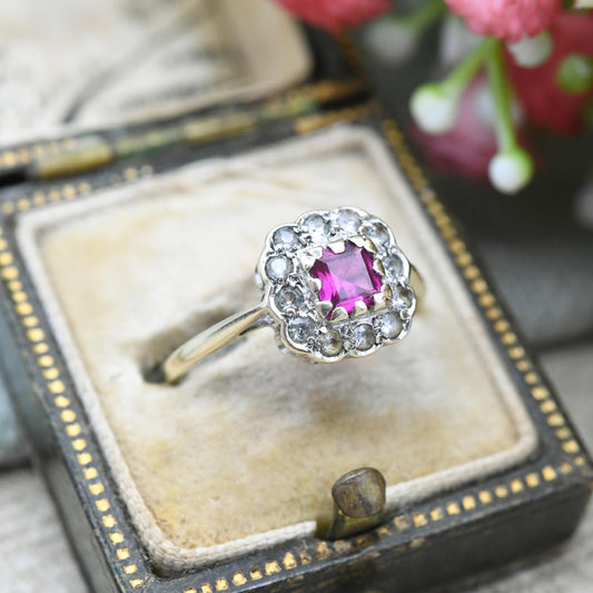 Vintage 9ct Gold Ruby Square Halo Ring 1969 with Clear Stone Cluster - Pretty Gold Jewellery Gift for Her | UK Size - K 1/2 US Size - 5 1/2