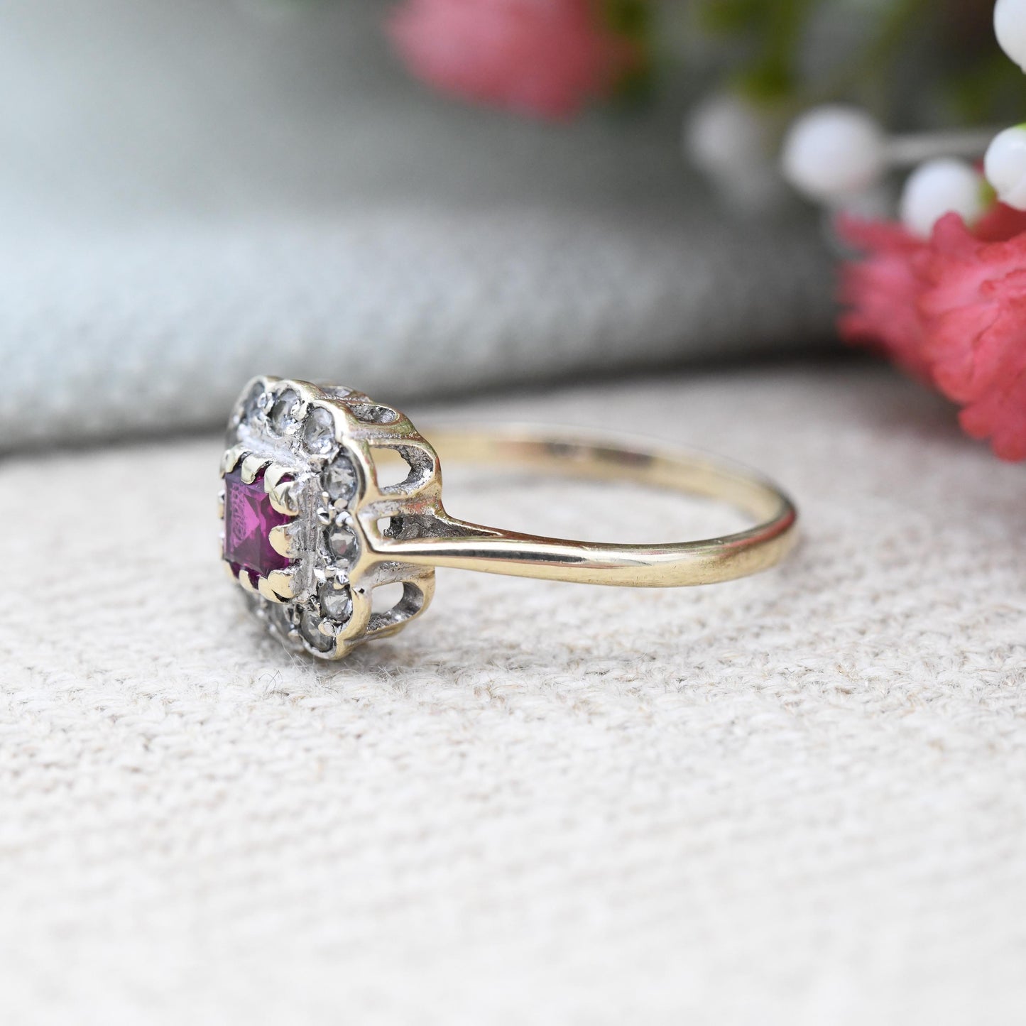 Vintage 9ct Gold Ruby Square Halo Ring 1969 with Clear Stone Cluster - Pretty Gold Jewellery Gift for Her | UK Size - K 1/2 US Size - 5 1/2