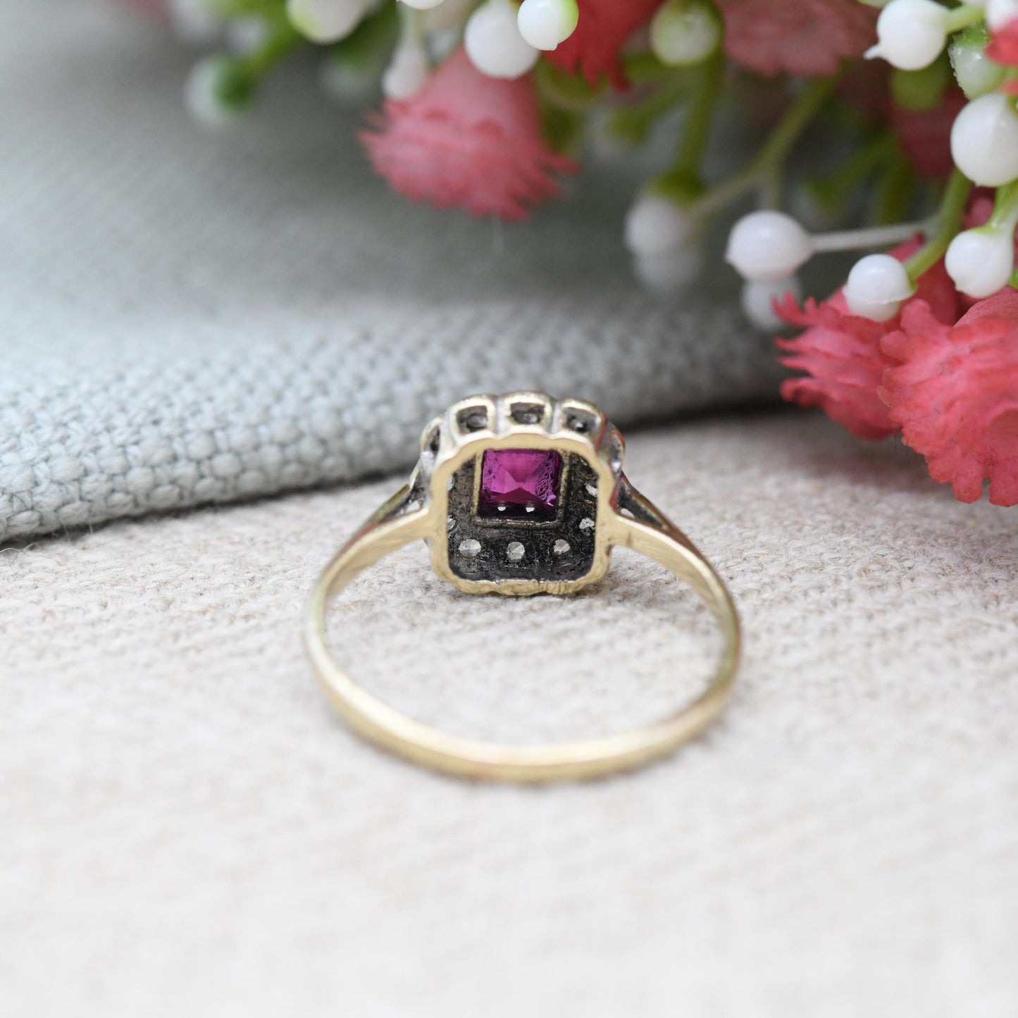 Vintage 9ct Gold Ruby Square Halo Ring 1969 with Clear Stone Cluster - Pretty Gold Jewellery Gift for Her | UK Size - K 1/2 US Size - 5 1/2