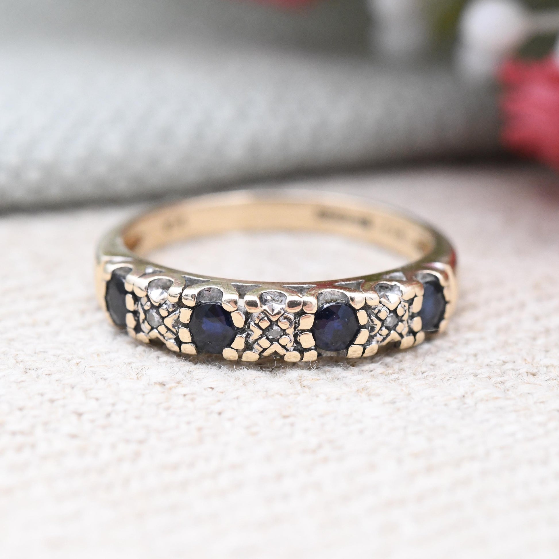 Vintage 9ct Gold Sapphire and Diamond Half Eternity Band Ring - Blue and White Gemstones Stacking Ring Gift | UK Size - M | US Size - 6