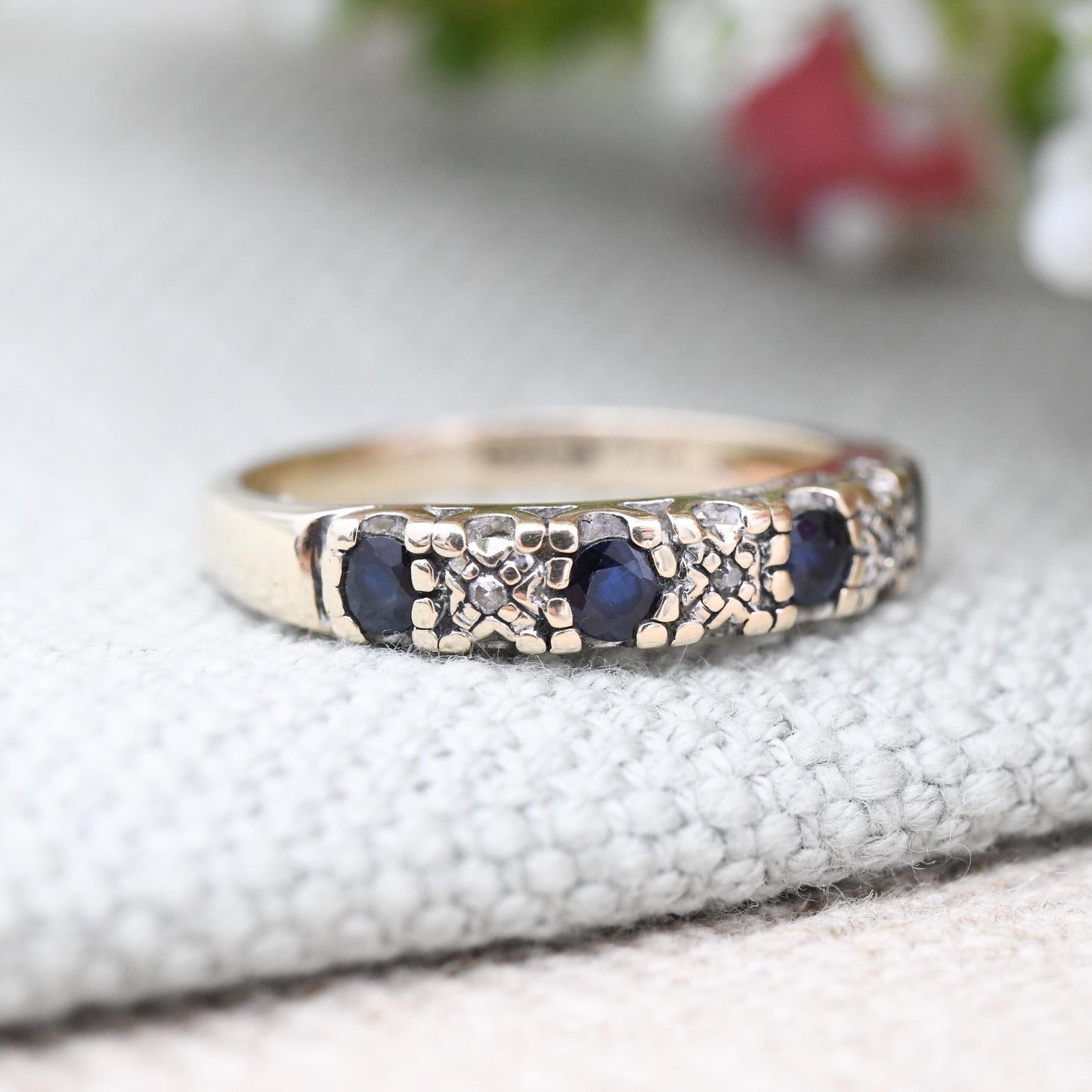 Vintage 9ct Gold Sapphire and Diamond Half Eternity Band Ring - Blue and White Gemstones Stacking Ring Gift | UK Size - M | US Size - 6