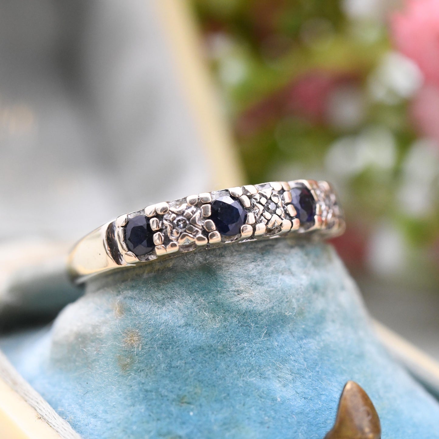 Vintage 9ct Gold Sapphire and Diamond Half Eternity Band Ring - Blue and White Gemstones Stacking Ring Gift | UK Size - M | US Size - 6