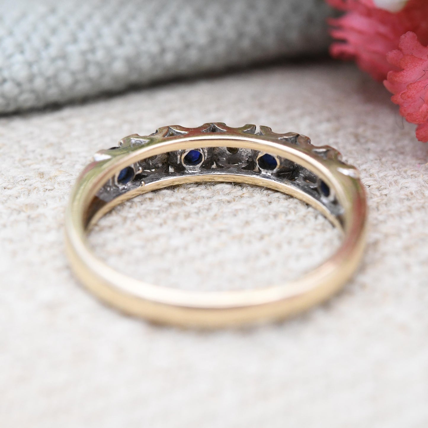 Vintage 9ct Gold Sapphire and Diamond Half Eternity Band Ring - Blue and White Gemstones Stacking Ring Gift | UK Size - M | US Size - 6