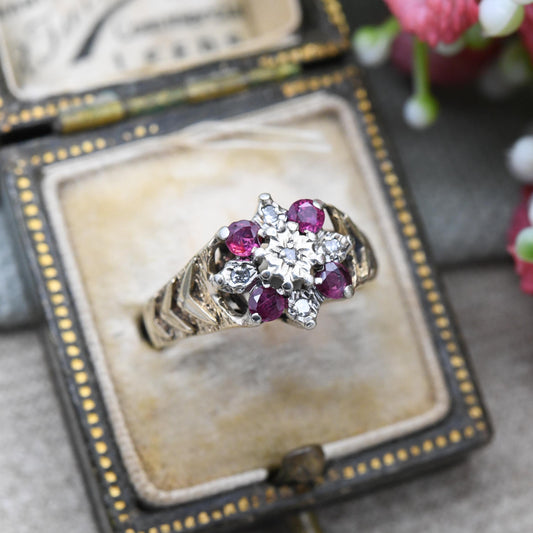 Vintage 9ct Gold Ruby Diamond Floral Cluster Ring 1976 by Slade and Kempton S&K - Mid-Century Textured | UK Size - L 1/2 | US Size - 6