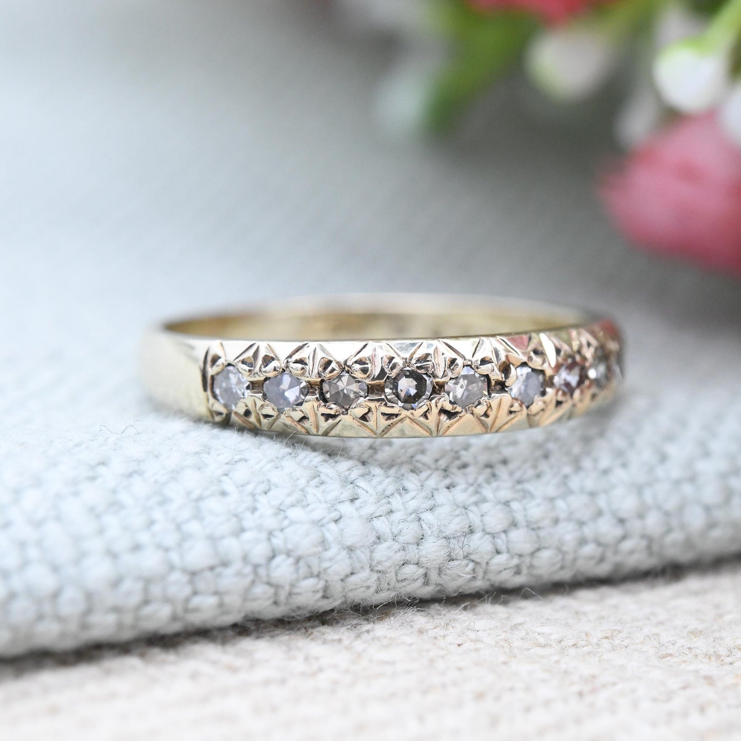 Vintage 9ct Gold Diamond Half Eternity Ring 1988 - Pretty Engagement Wedding Band Stacking Ring Jewellery Gift | UK Size - Q | US Size - 8