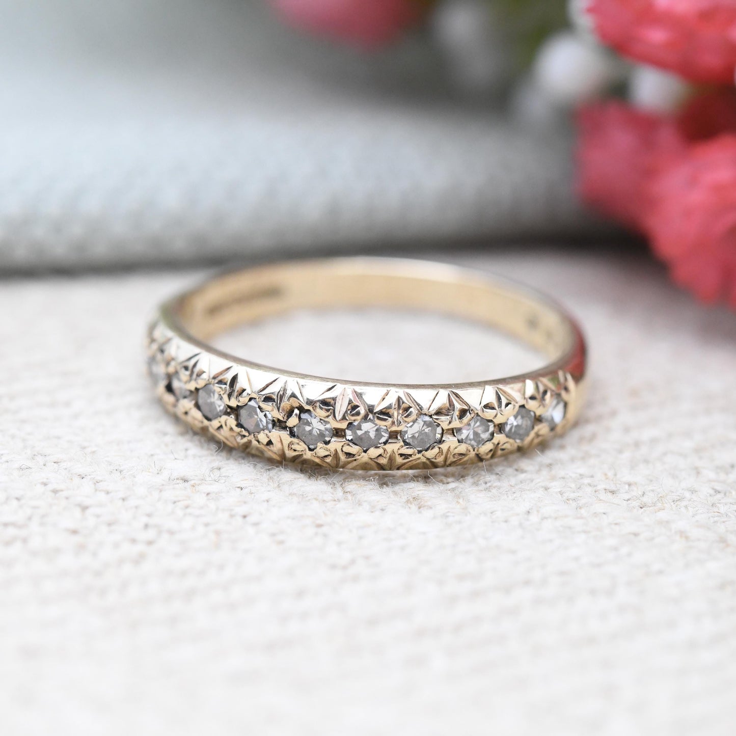 Vintage 9ct Gold Diamond Half Eternity Ring 1988 - Pretty Engagement Wedding Band Stacking Ring Jewellery Gift | UK Size - Q | US Size - 8