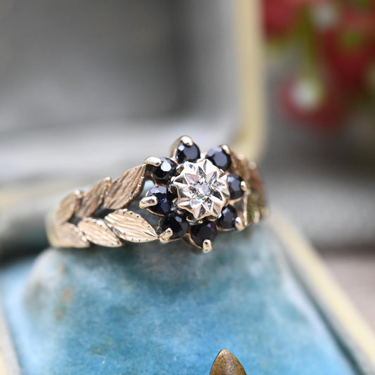 Vintage 9ct Gold Sapphire Diamond Flower Cluster Ring 1990 - Textured Leaf Blue Floral Ring Gift for Her | UK Size - O 1/2 | US Size - 7 1/2