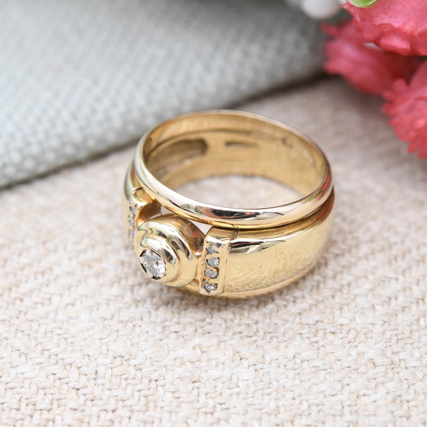 Vintage 9ct Gold Diamond Ring by Beemill Chunky Solitaire with Side Stones - Unusual Pinkie Ring Wide Band | UK Size - K | US Size - 5 1/4
