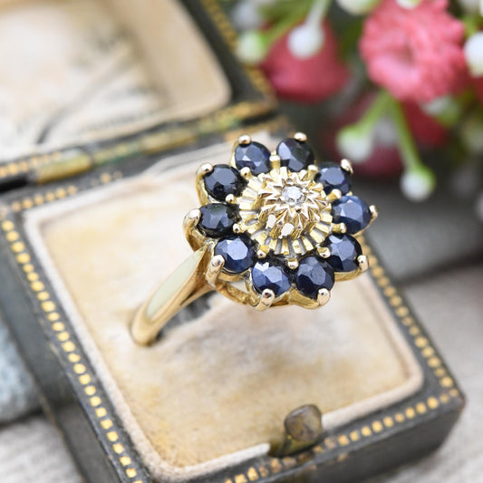 Vintage 9ct Gold Diamond Sapphire Flower Cluster Ring 1980 - Statement Cocktail Deep Blue Floral Ring Gift | UK Size - N | US Size - 6 1/2
