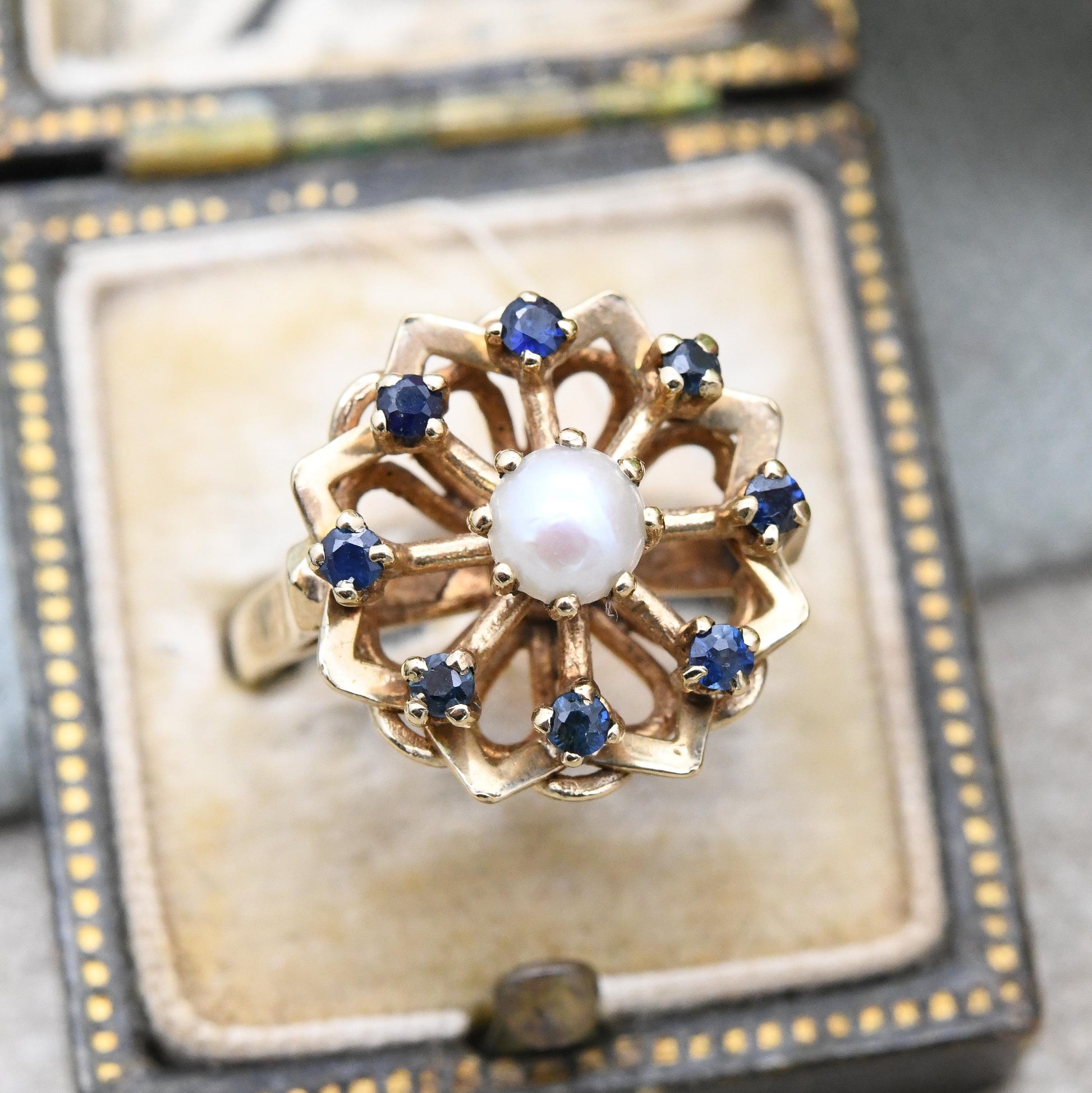Vintage 9ct Gold Sapphire Pearl Flower Cocktail Ring 1966 Slade and Kempton S&K - White Blue Ring Gift | UK Size - K 1/2 | US Size - 5 1/2