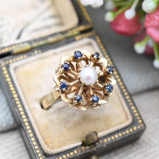 Vintage 9ct Gold Sapphire Pearl Flower Cocktail Ring 1966 Slade and Kempton S&K - White Blue Ring Gift | UK Size - K 1/2 | US Size - 5 1/2