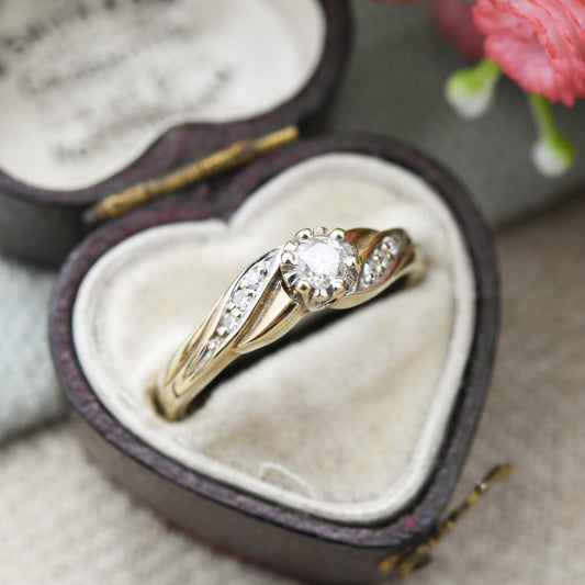 Vintage 9ct Gold Diamond Solitaire Ring 20 Points 0.2ct - with Side Stones | Yellow Gold Twist Engagement Ring | UK Size - L 1/2 US Size - 6