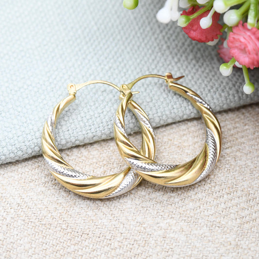 Vintage 9ct Gold Hoop Earrings Two-Tone Twist Design - Large Hollow Hoops | Yellow and White Gold | Pretty Gold Jewellery Gift for Her