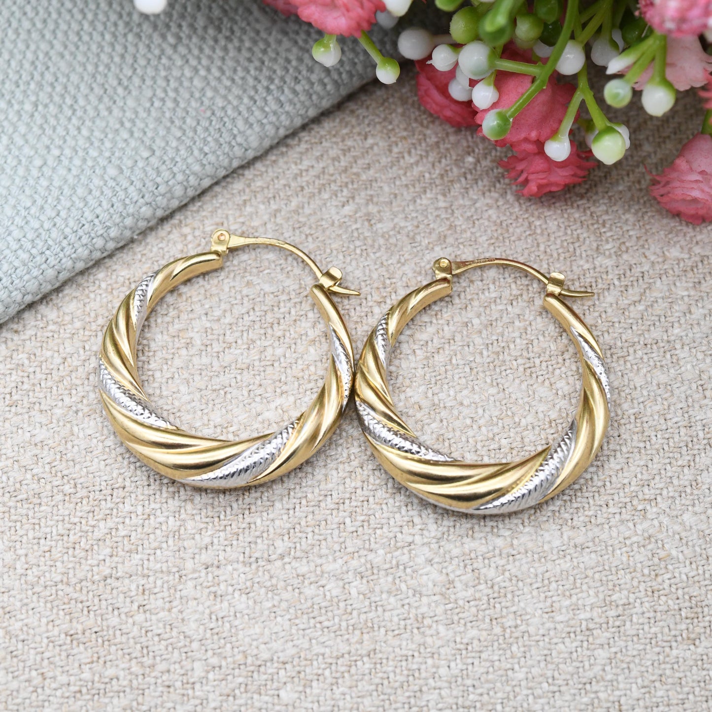 Vintage 9ct Gold Hoop Earrings Two-Tone Twist Design - Large Hollow Hoops | Yellow and White Gold | Pretty Gold Jewellery Gift for Her