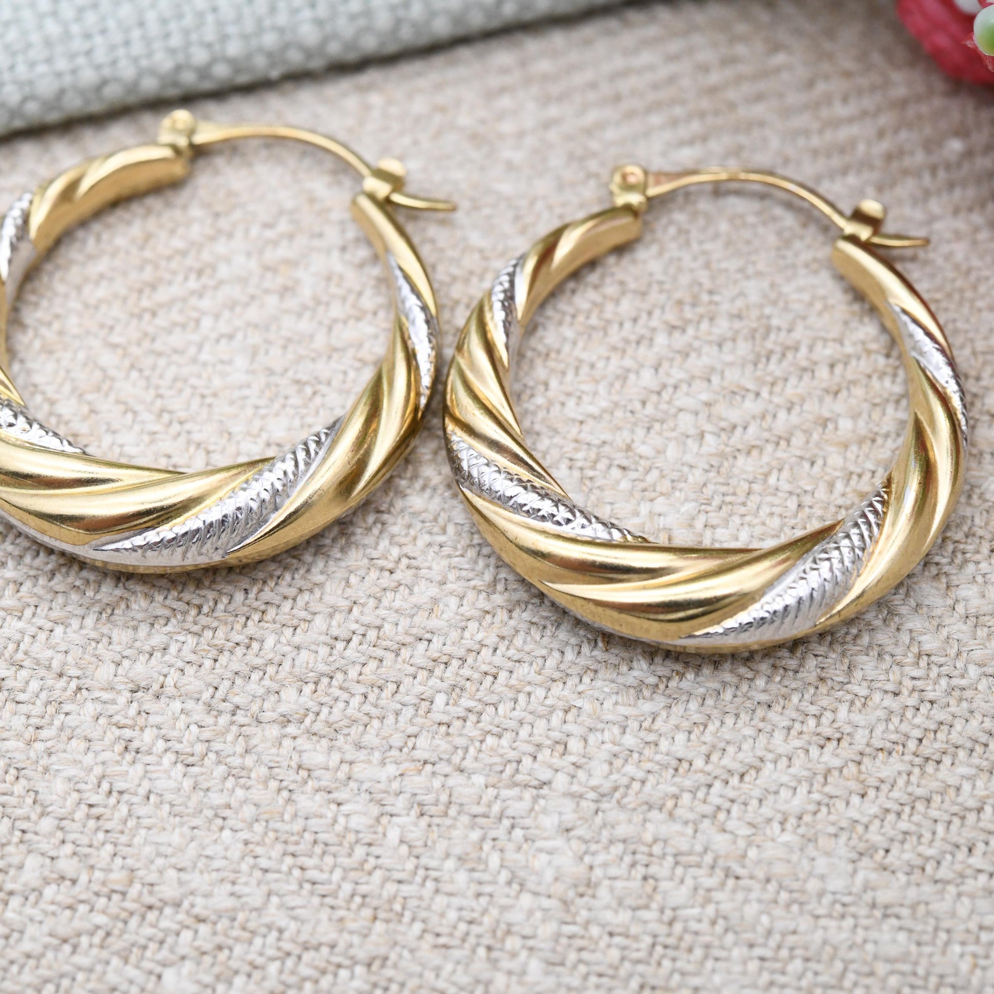 Vintage 9ct Gold Hoop Earrings Two-Tone Twist Design - Large Hollow Hoops | Yellow and White Gold | Pretty Gold Jewellery Gift for Her