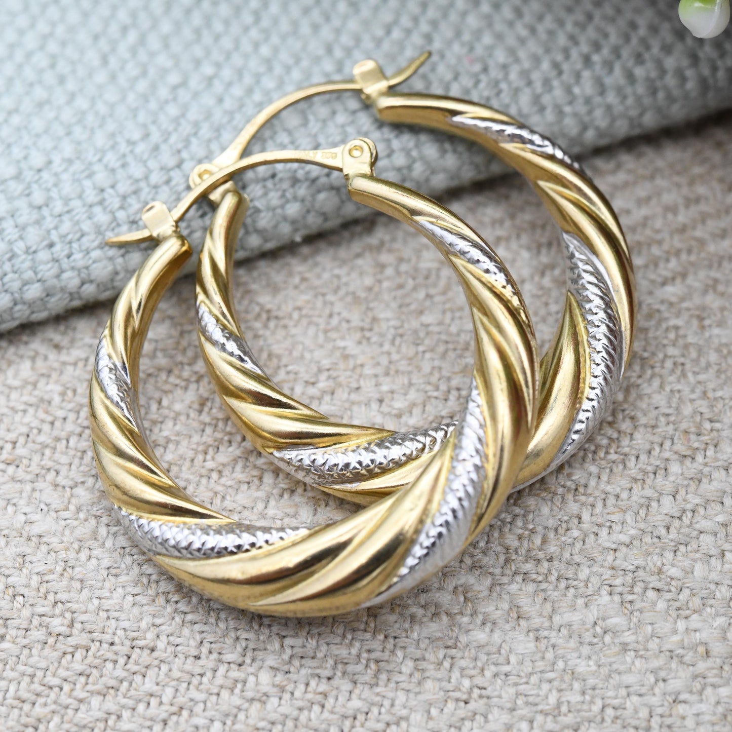 Vintage 9ct Gold Hoop Earrings Two-Tone Twist Design - Large Hollow Hoops | Yellow and White Gold | Pretty Gold Jewellery Gift for Her