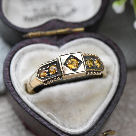 Granulated 9ct Gold Ring with Orange Stones 2000 - Faceted Gemstone Jewellery | Pretty Diamond Shape | UK Size - N | US Size - 6 1/2