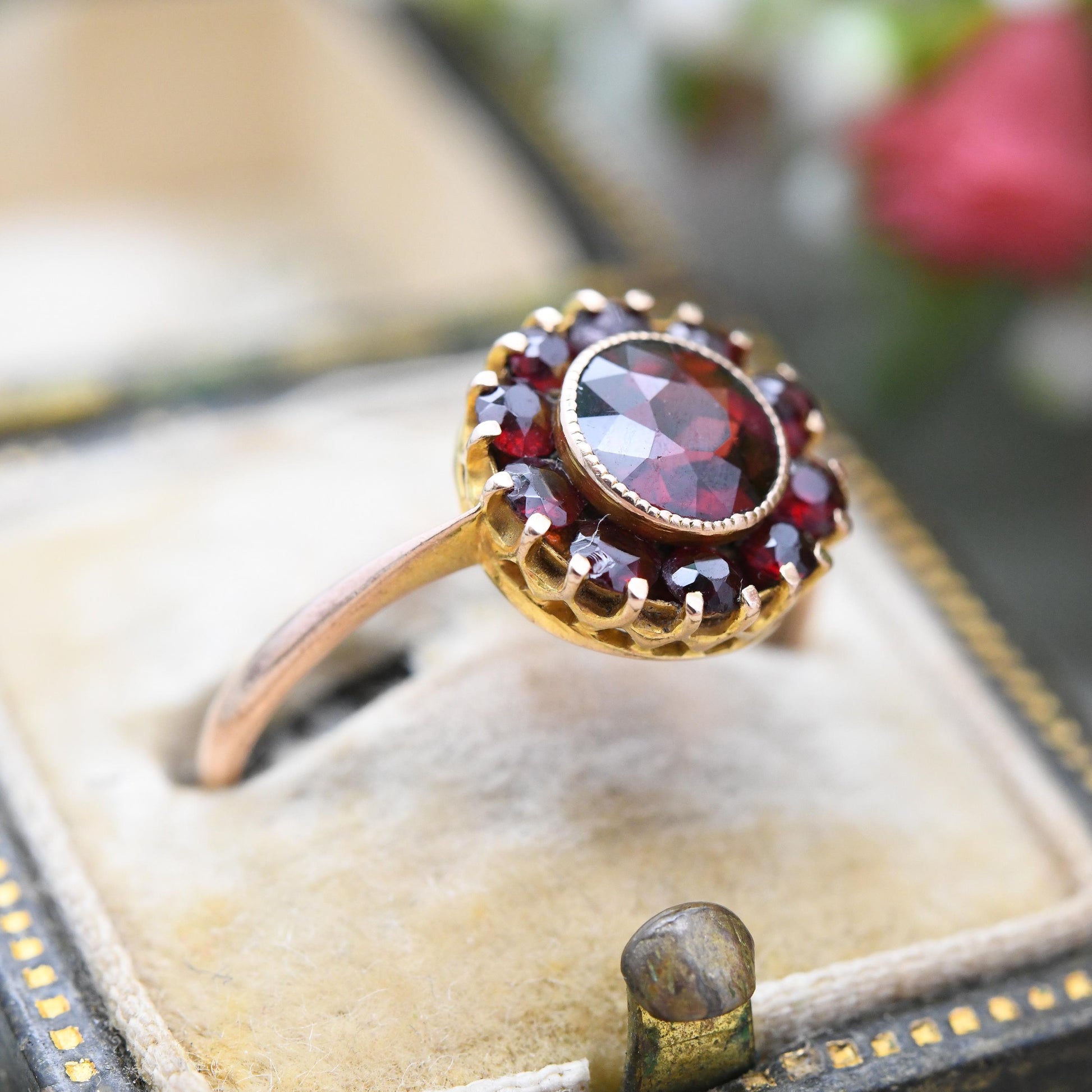 Antique 9ct Gold Garnet Cluster Ring 1925 - Art Deco Era Large Red Gemstone Halo Gift for Her Chester Hallmarks | UK Size - M | US Size - 6