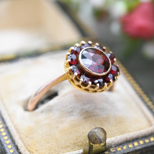 Antique 9ct Gold Garnet Cluster Ring 1925 - Art Deco Era Large Red Gemstone Halo Gift for Her Chester Hallmarks | UK Size - M | US Size - 6