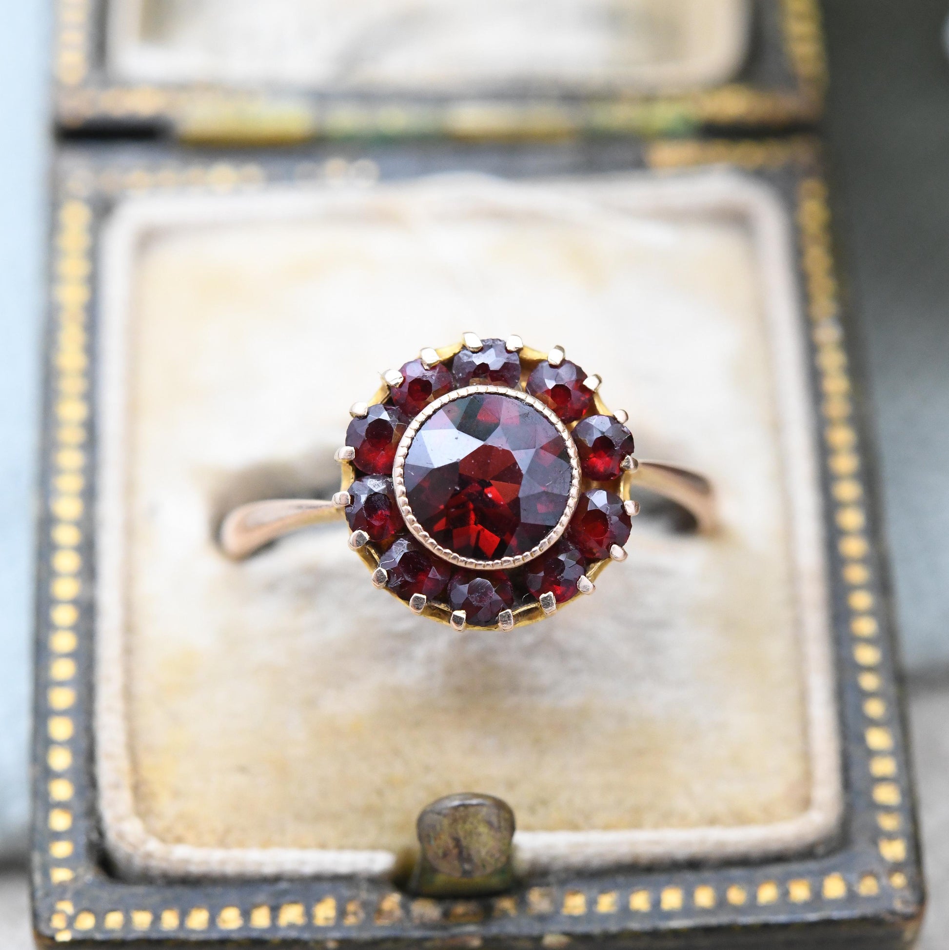 Antique 9ct Gold Garnet Cluster Ring 1925 - Art Deco Era Large Red Gemstone Halo Gift for Her Chester Hallmarks | UK Size - M | US Size - 6