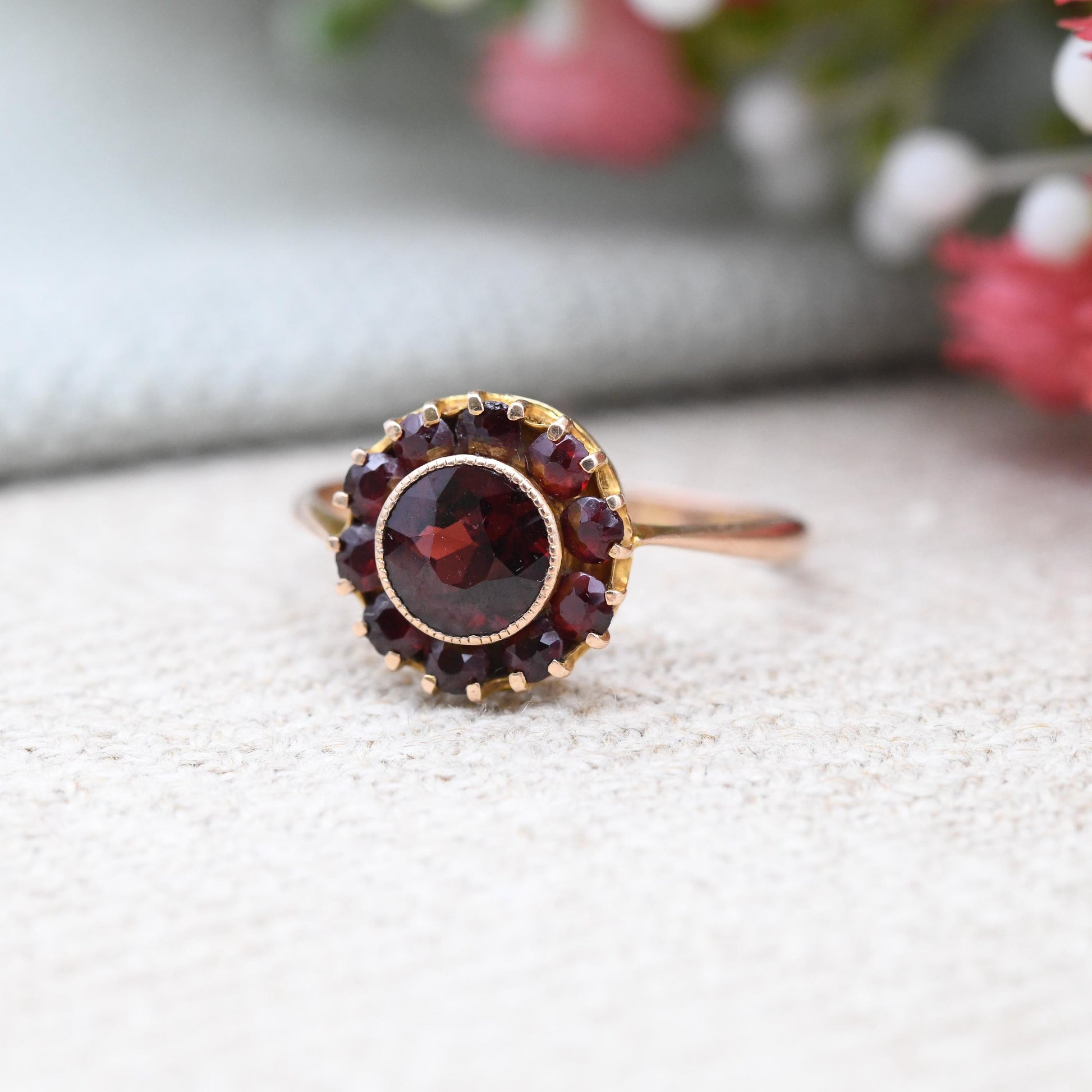 Antique 9ct Gold Garnet Cluster Ring 1925 - Art Deco Era Large Red Gemstone Halo Gift for Her Chester Hallmarks | UK Size - M | US Size - 6