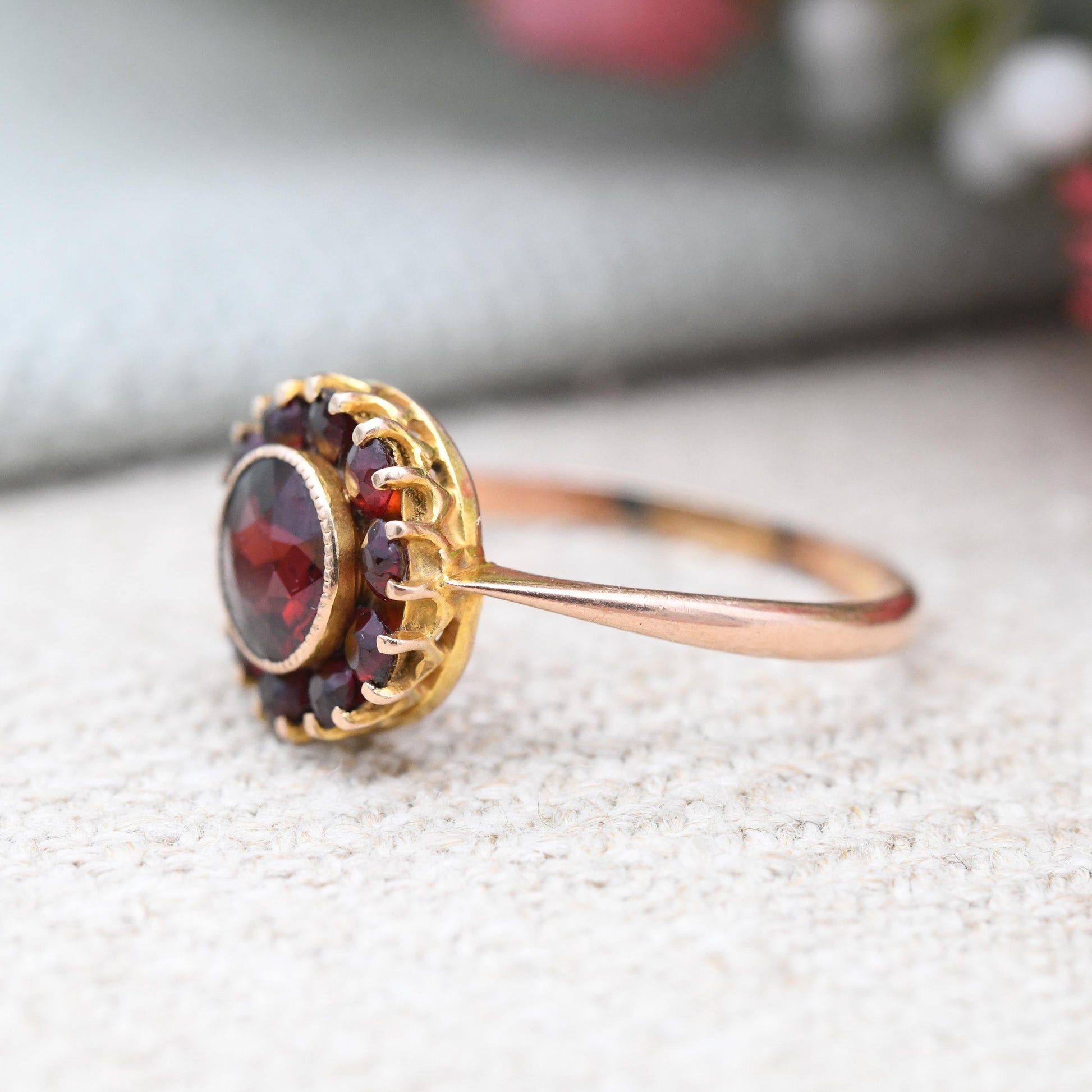 Antique 9ct Gold Garnet Cluster Ring 1925 - Art Deco Era Large Red Gemstone Halo Gift for Her Chester Hallmarks | UK Size - M | US Size - 6
