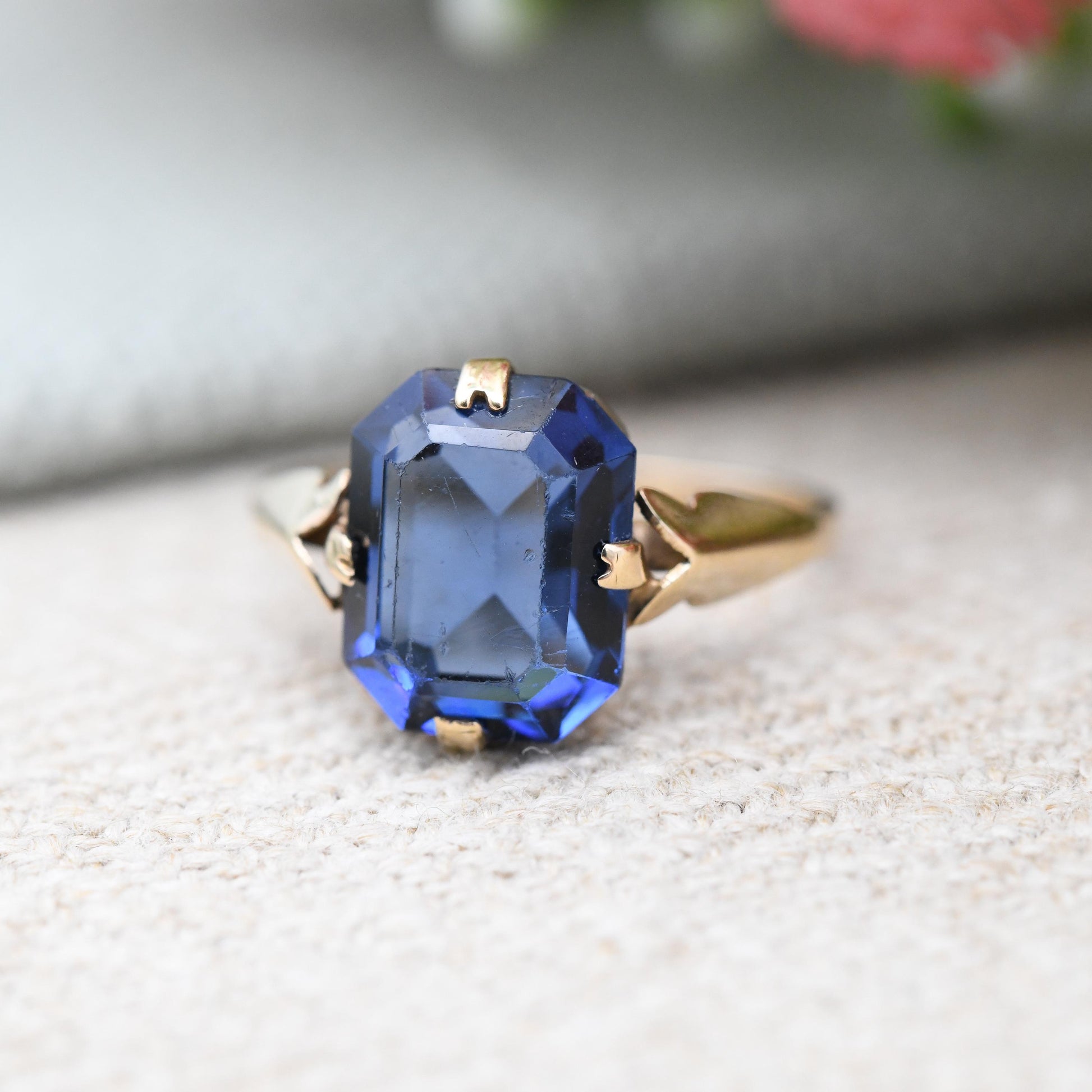 Antique Art Deco 9ct Gold Ring with Blue Paste Stone - Large Rectangle Deep Blue Glass Stone Pretty Gift | UK Size - K | US Size - 5 1/4
