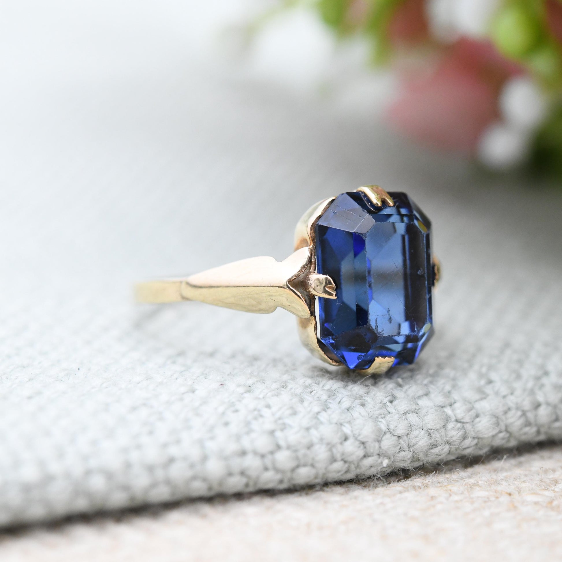 Antique Art Deco 9ct Gold Ring with Blue Paste Stone - Large Rectangle Deep Blue Glass Stone Pretty Gift | UK Size - K | US Size - 5 1/4