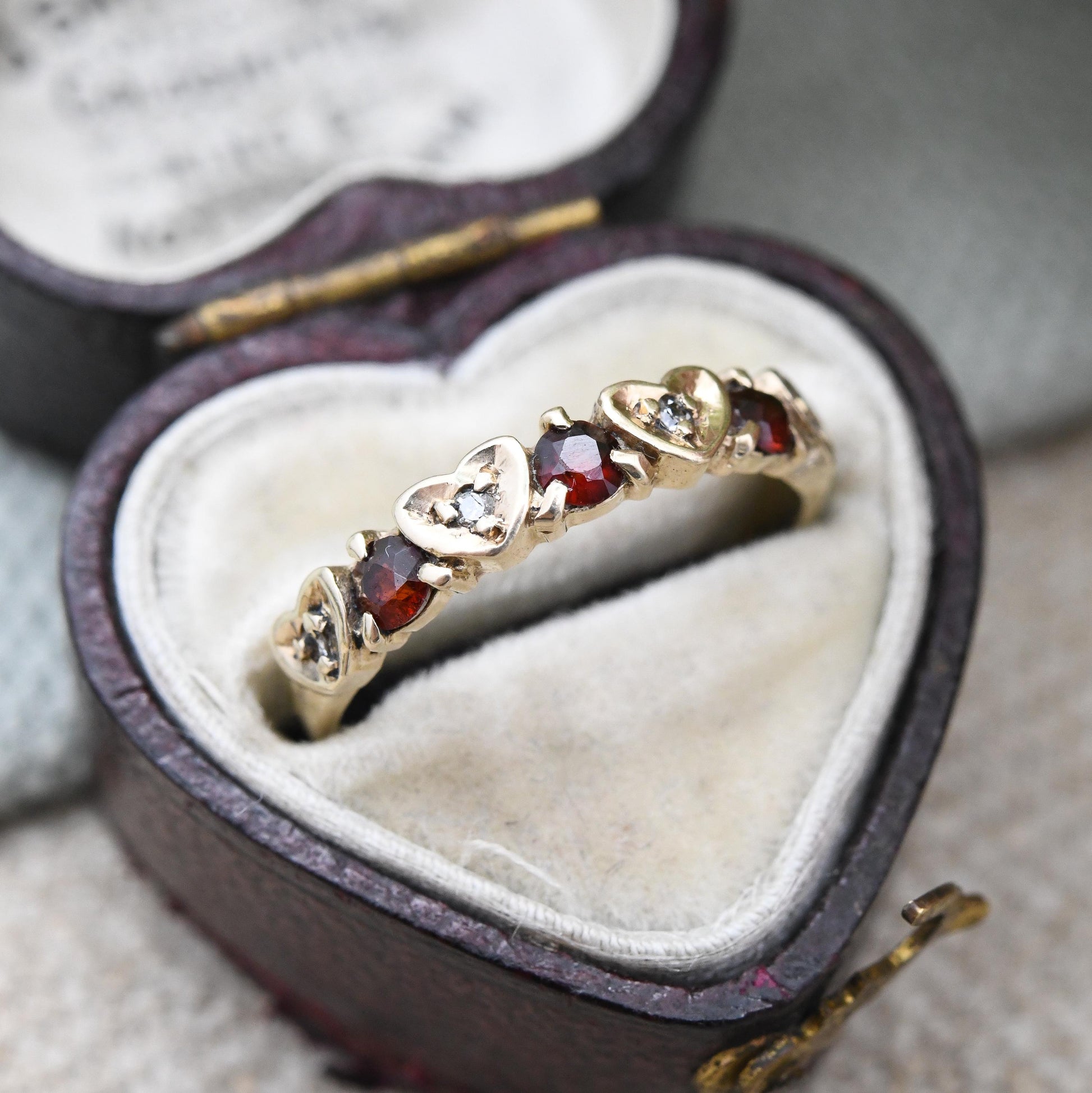 Vintage 9ct Gold Garnet Diamond Half Eternity Heart Band Ring 1981 - Mid-Century Love Heart Stacker Ring | UK Size - L | US Size - 5 3/4