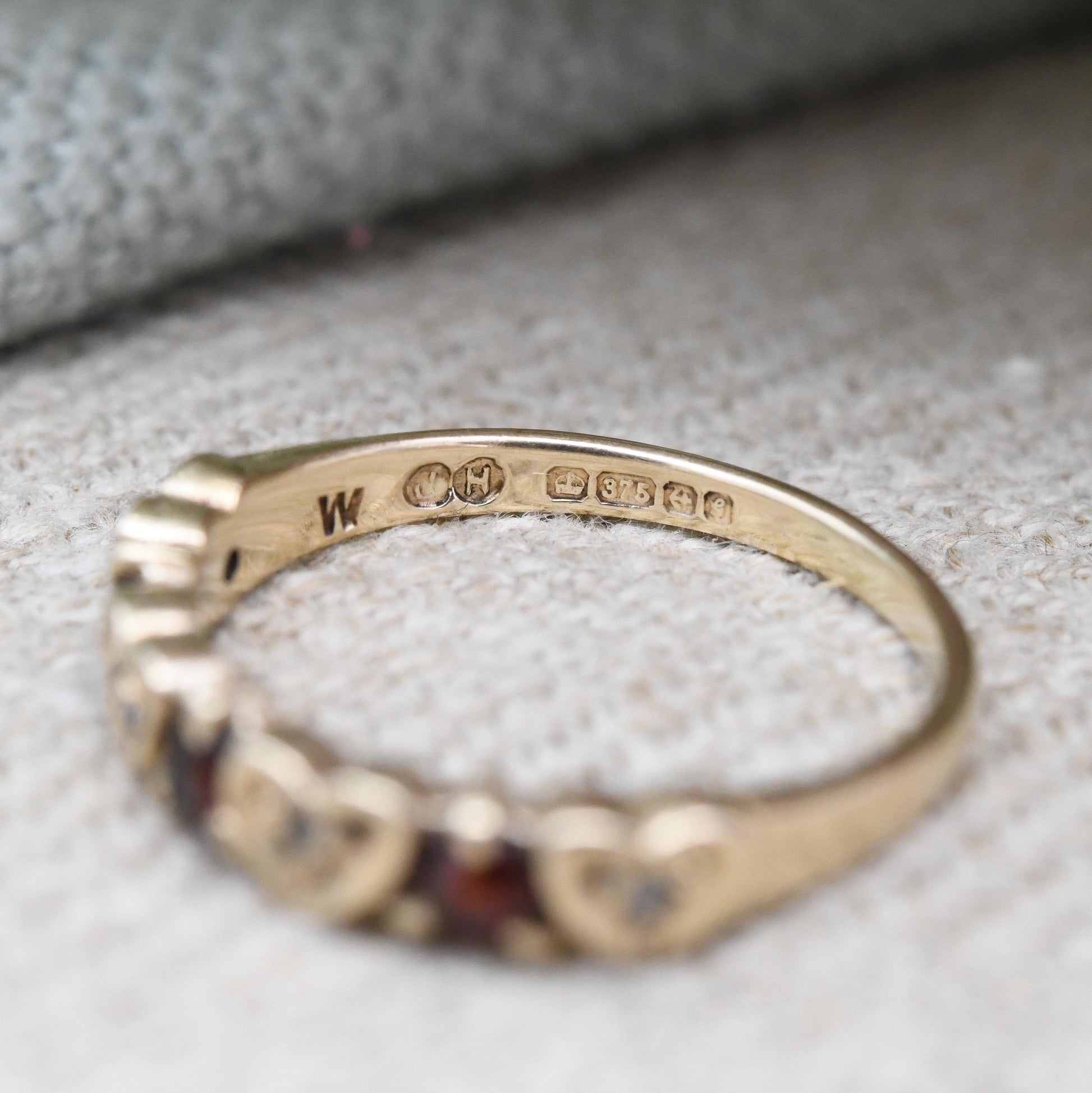 Vintage 9ct Gold Garnet Diamond Half Eternity Heart Band Ring 1981 - Mid-Century Love Heart Stacker Ring | UK Size - L | US Size - 5 3/4