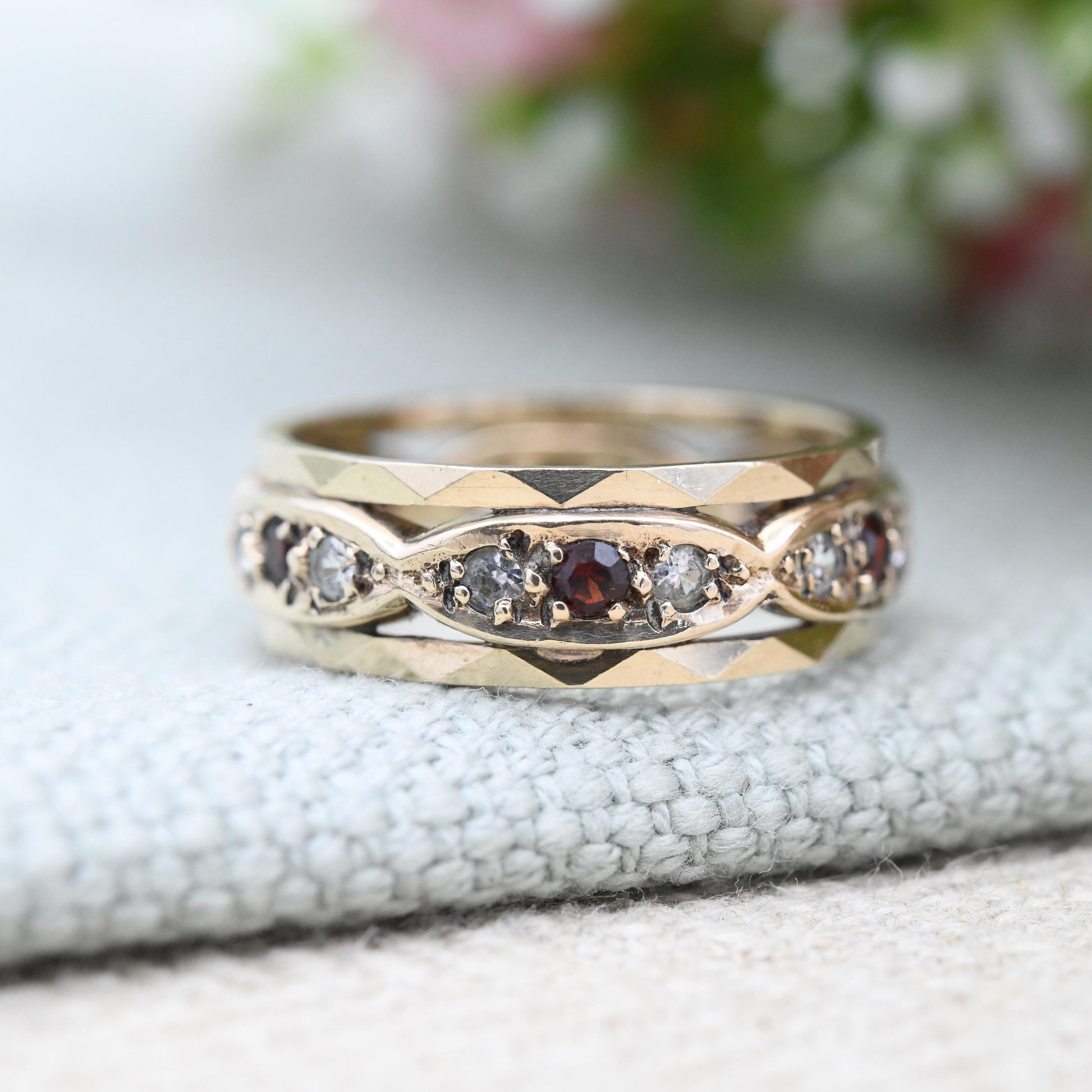 Vintage 9ct Gold Garnet and Clear Stone Eternity Band Ring 1963 - Pretty Wide Band Stacking Ring Mid-Century | UK Size - M | US Size - 6 1/4