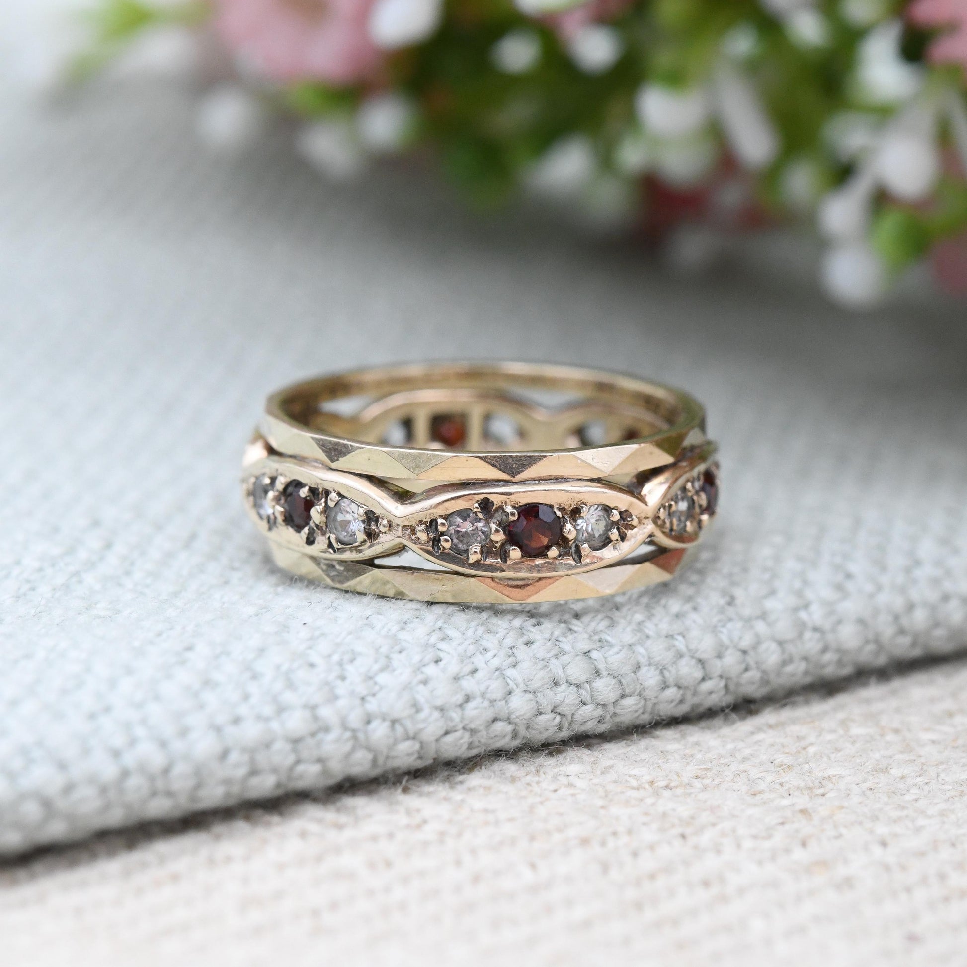 Vintage 9ct Gold Garnet and Clear Stone Eternity Band Ring 1963 - Pretty Wide Band Stacking Ring Mid-Century | UK Size - M | US Size - 6 1/4