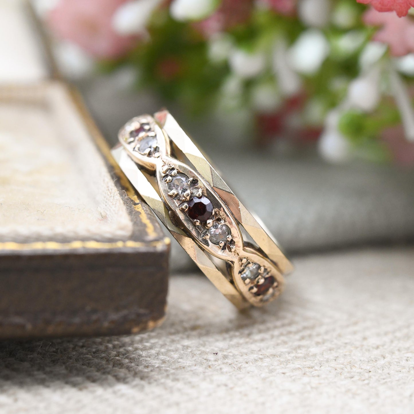 Vintage 9ct Gold Garnet and Clear Stone Eternity Band Ring 1963 - Pretty Wide Band Stacking Ring Mid-Century | UK Size - M | US Size - 6 1/4