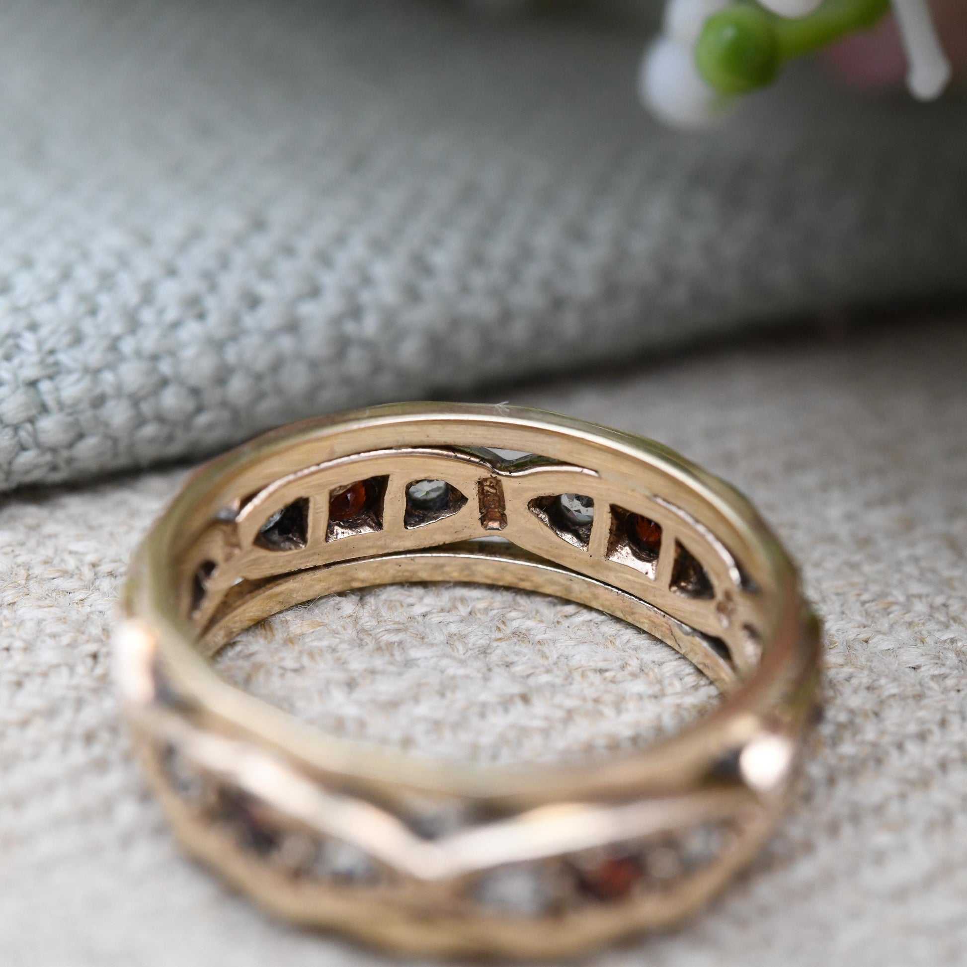 Vintage 9ct Gold Garnet and Clear Stone Eternity Band Ring 1963 - Pretty Wide Band Stacking Ring Mid-Century | UK Size - M | US Size - 6 1/4