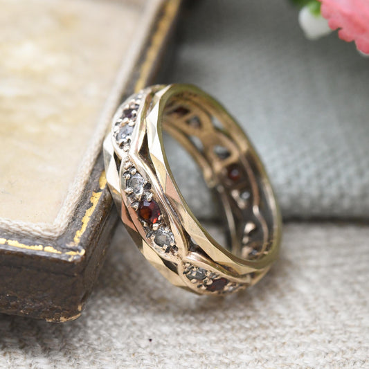 Vintage 9ct Gold Garnet and Clear Stone Eternity Band Ring 1963 - Pretty Wide Band Stacking Ring Mid-Century | UK Size - M | US Size - 6 1/4