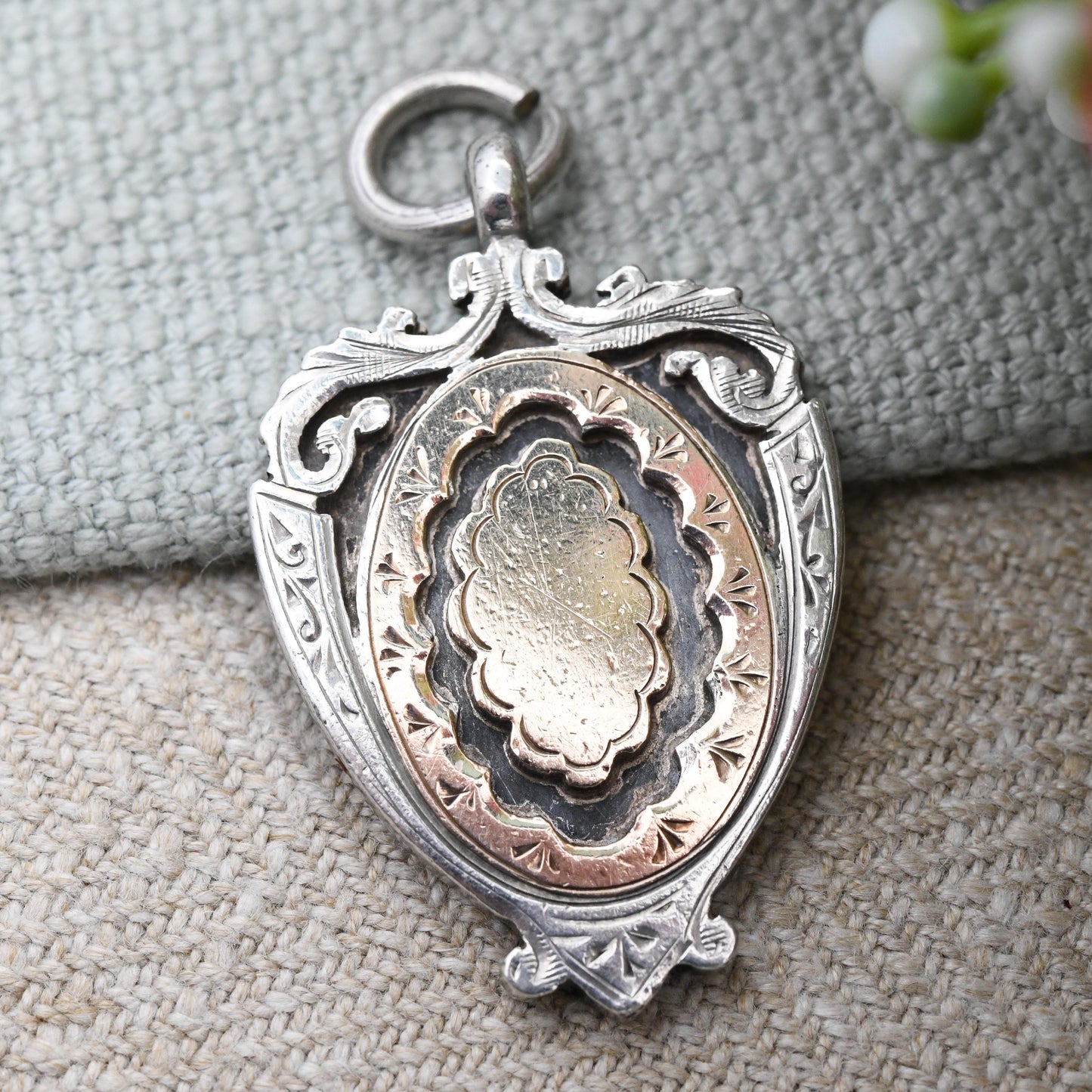 Antique Sterling Silver Watch Fob Pendant 1918 by William Hair Haseler WHH - with Gold Fronted Plaque | Ornate Engraving Picture Frame Style